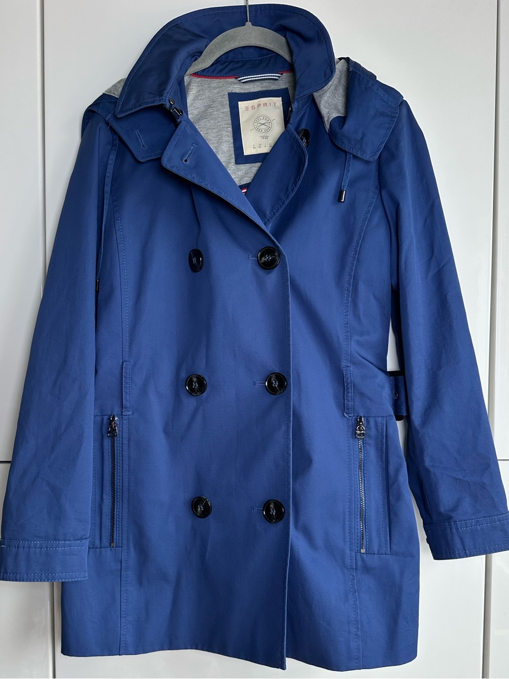 Esprit Blue Trench Coat Rain Coat Size XS Belt Hood Preppy Coastal 90’s